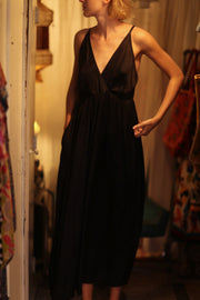 LILY SILK DRESS SOLID BLACK - sustainably made MOMO NEW YORK sustainable clothing, Boho Chic Dress slow fashion