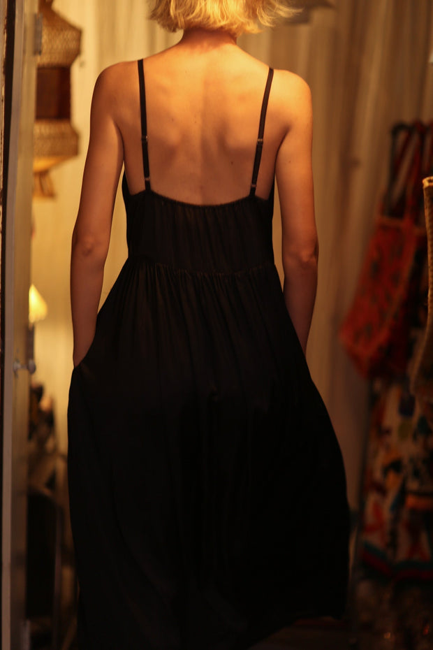 LILY SILK DRESS SOLID BLACK - sustainably made MOMO NEW YORK sustainable clothing, Boho Chic Dress slow fashion