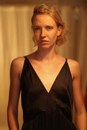 LILY SILK DRESS SOLID BLACK - sustainably made MOMO NEW YORK sustainable clothing, Boho Chic Dress slow fashion