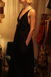 LILY SILK DRESS SOLID BLACK - sustainably made MOMO NEW YORK sustainable clothing, Boho Chic Dress slow fashion