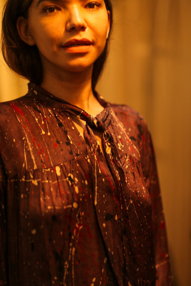 LOA SILK BUTTONED DRESS BURGUNDY POLLOCK - sustainably made MOMO NEW YORK sustainable clothing, Boho Chic Dress slow fashion