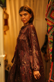 LOA SILK BUTTONED DRESS BURGUNDY POLLOCK - sustainably made MOMO NEW YORK sustainable clothing, Boho Chic Dress slow fashion