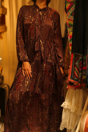 LOA SILK BUTTONED DRESS BURGUNDY POLLOCK - sustainably made MOMO NEW YORK sustainable clothing, Boho Chic Dress slow fashion