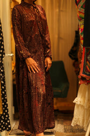 LOA SILK BUTTONED DRESS BURGUNDY POLLOCK - sustainably made MOMO NEW YORK sustainable clothing, Boho Chic Dress slow fashion