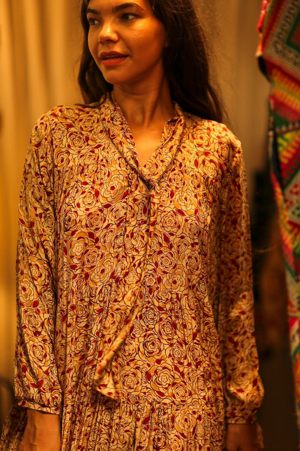 LOA SILK BUTTONED DRESS FLORAL RED - sustainably made MOMO NEW YORK sustainable clothing, Boho Chic Dress slow fashion