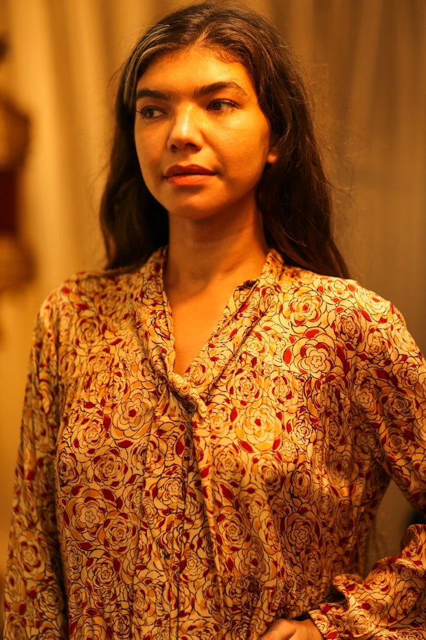 LOA SILK BUTTONED DRESS FLORAL RED - sustainably made MOMO NEW YORK sustainable clothing, Boho Chic Dress slow fashion