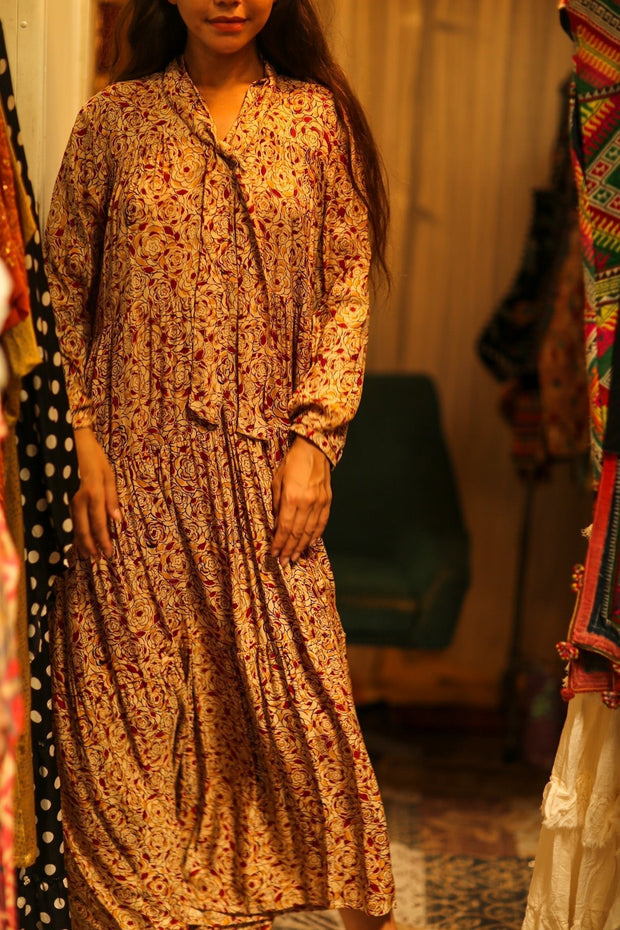 LOA SILK BUTTONED DRESS FLORAL RED - sustainably made MOMO NEW YORK sustainable clothing, Boho Chic Dress slow fashion