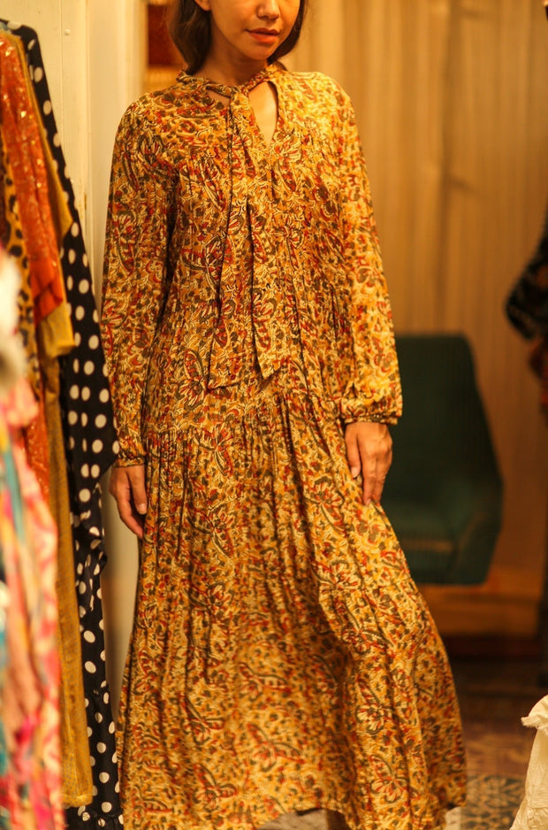 LOA SILK BUTTONED DRESS MARIPOSA YELLOW - sustainably made MOMO NEW YORK sustainable clothing, Boho Chic Dress slow fashion