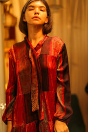 LOA SILK BUTTONED DRESS RED BLOCKS - sustainably made MOMO NEW YORK sustainable clothing, Boho Chic Dress slow fashion