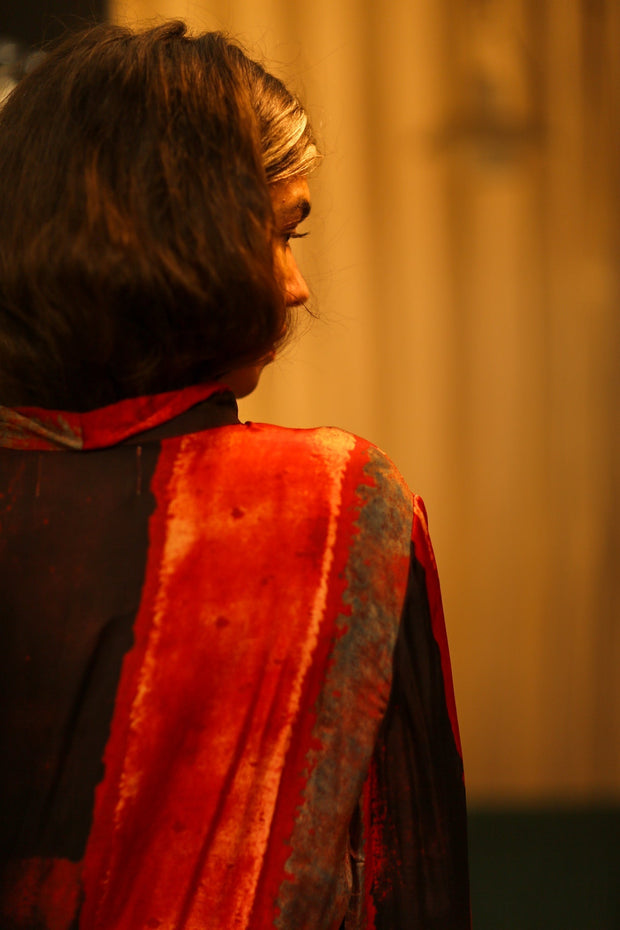 LOA SILK BUTTONED DRESS RED BLOCKS - sustainably made MOMO NEW YORK sustainable clothing, Boho Chic Dress slow fashion