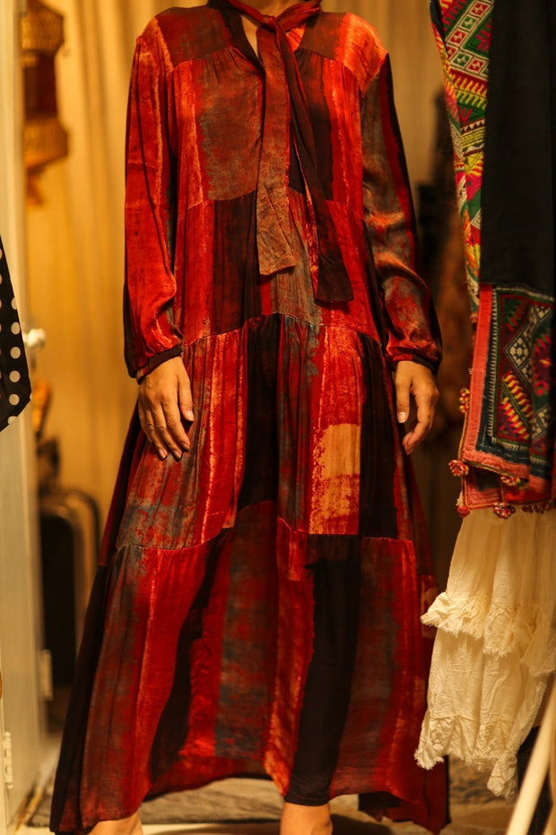 LOA SILK BUTTONED DRESS RED BLOCKS - sustainably made MOMO NEW YORK sustainable clothing, Boho Chic Dress slow fashion