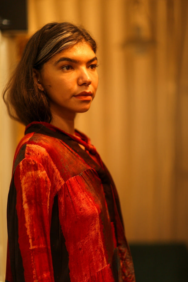 LOA SILK BUTTONED DRESS RED BLOCKS - sustainably made MOMO NEW YORK sustainable clothing, Boho Chic Dress slow fashion