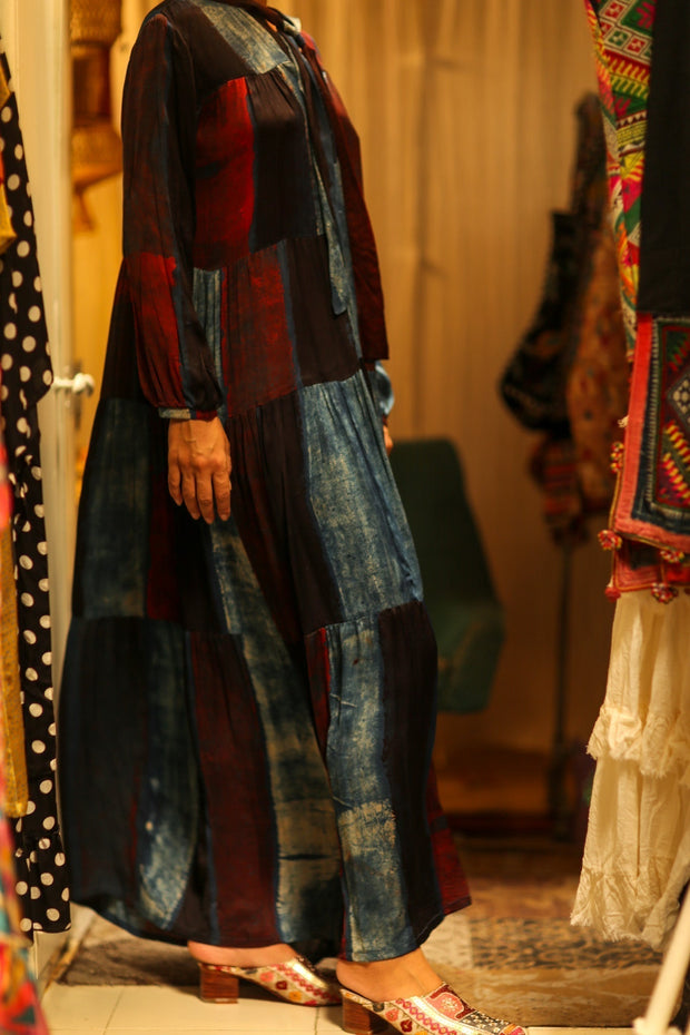LOA SILK DRESS BLUE BLOCKS - sustainably made MOMO NEW YORK sustainable clothing, Boho Chic Dress slow fashion