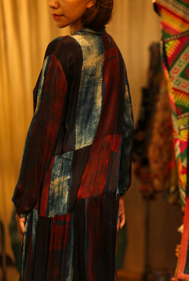 LOA SILK DRESS BLUE BLOCKS - sustainably made MOMO NEW YORK sustainable clothing, Boho Chic Dress slow fashion