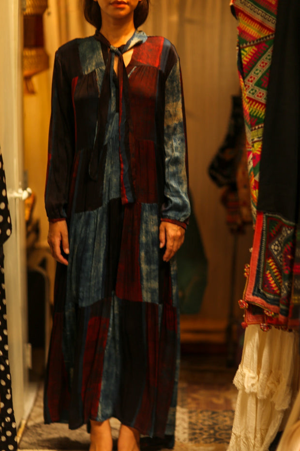 LOA SILK DRESS BLUE BLOCKS - sustainably made MOMO NEW YORK sustainable clothing, Boho Chic Dress slow fashion