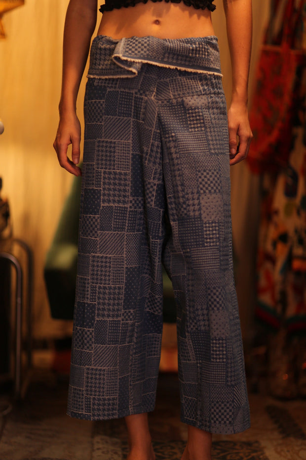 LUKE DENIM SQUARES FISHERMAN TROUSERS - sustainably made MOMO NEW YORK sustainable clothing, denim slow fashion