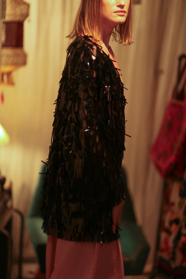 MARION SEQUINED SHORT KIMONO BLACK - sustainably made MOMO NEW YORK sustainable clothing, embellished slow fashion