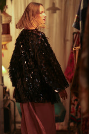 MARION SEQUINED SHORT KIMONO BLACK - sustainably made MOMO NEW YORK sustainable clothing, embellished slow fashion