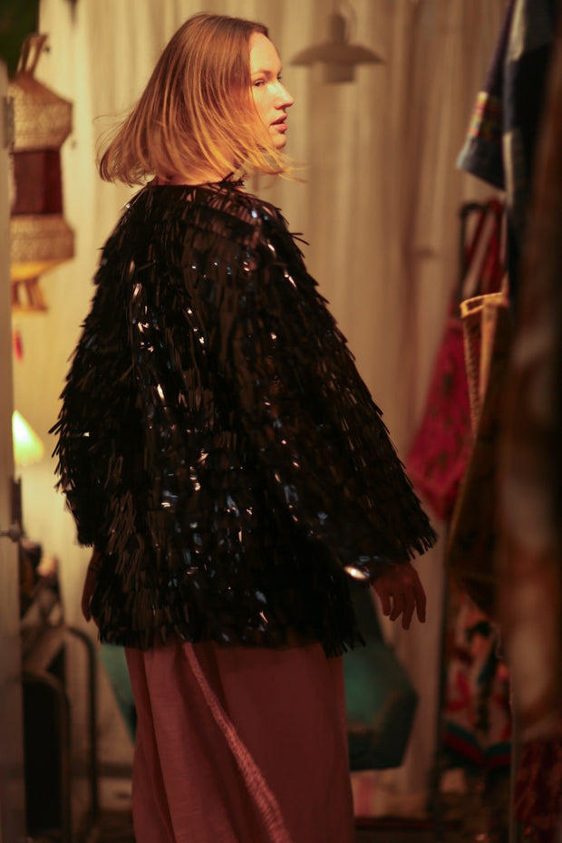 MARION SEQUINED SHORT KIMONO BLACK - sustainably made MOMO NEW YORK sustainable clothing, embellished slow fashion