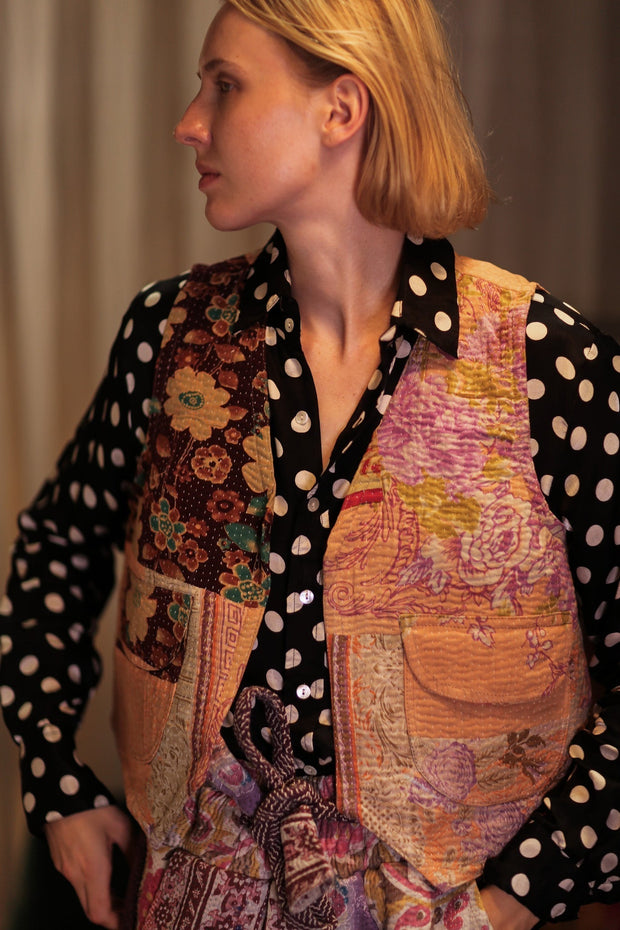 MARLENE PATCHWORK KANTHA GILET PEACH - sustainably made MOMO NEW YORK sustainable clothing, coatandjacket slow fashion
