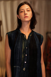 MARY SILK DRESS BLUE STRIPE - sustainably made MOMO NEW YORK sustainable clothing, Boho Chic Dress slow fashion