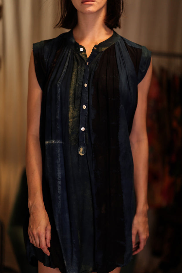 MARY SILK DRESS BLUE STRIPE - sustainably made MOMO NEW YORK sustainable clothing, Boho Chic Dress slow fashion