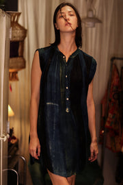 MARY SILK DRESS BLUE STRIPE - sustainably made MOMO NEW YORK sustainable clothing, Boho Chic Dress slow fashion