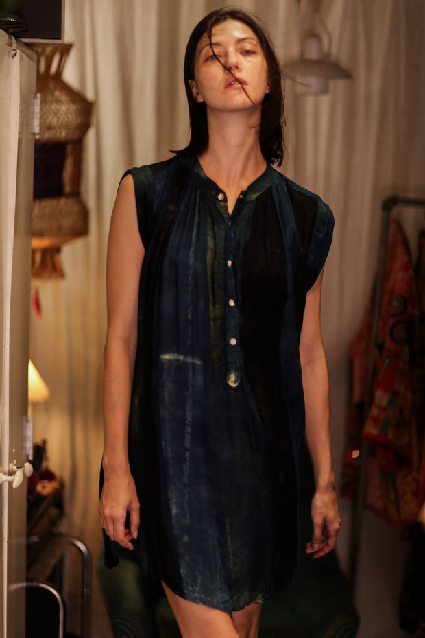 MARY SILK DRESS BLUE STRIPE - sustainably made MOMO NEW YORK sustainable clothing, Boho Chic Dress slow fashion