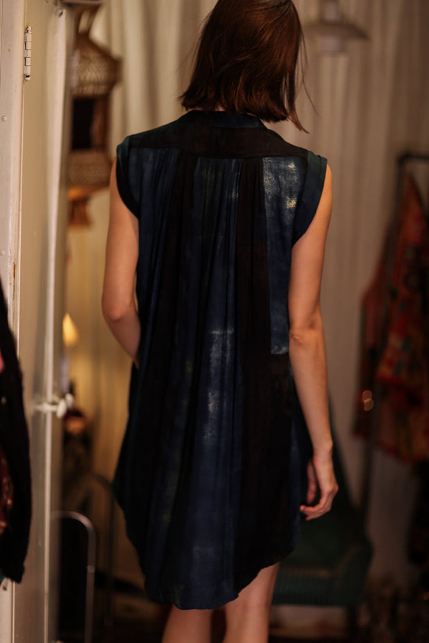 MARY SILK DRESS BLUE STRIPE - sustainably made MOMO NEW YORK sustainable clothing, Boho Chic Dress slow fashion