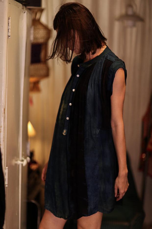 MARY SILK DRESS BLUE STRIPE - sustainably made MOMO NEW YORK sustainable clothing, Boho Chic Dress slow fashion