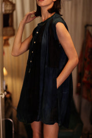 MARY SILK DRESS BLUE STRIPE - sustainably made MOMO NEW YORK sustainable clothing, Boho Chic Dress slow fashion