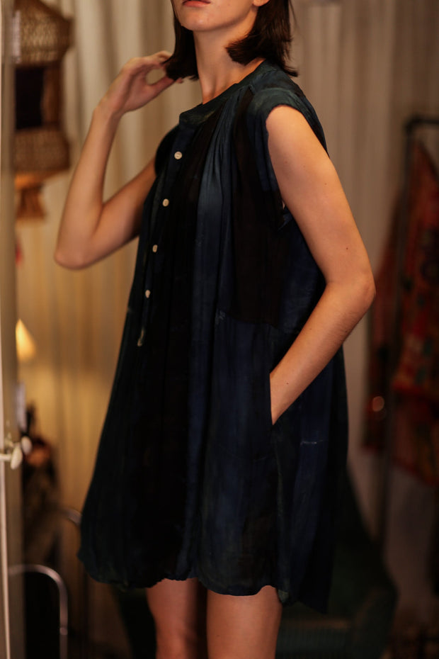 MARY SILK DRESS BLUE STRIPE - sustainably made MOMO NEW YORK sustainable clothing, Boho Chic Dress slow fashion