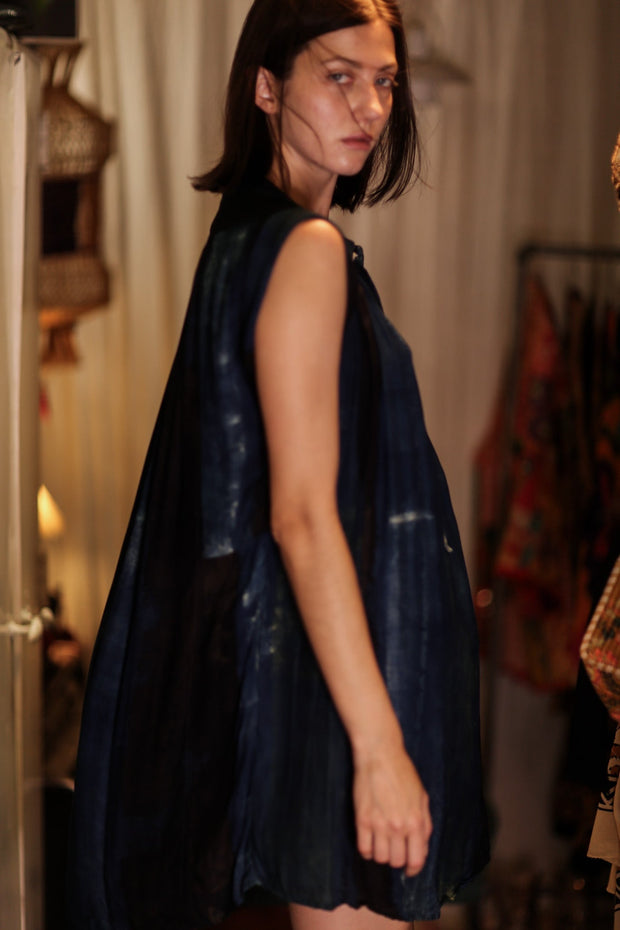 MARY SILK DRESS BLUE STRIPE - sustainably made MOMO NEW YORK sustainable clothing, Boho Chic Dress slow fashion