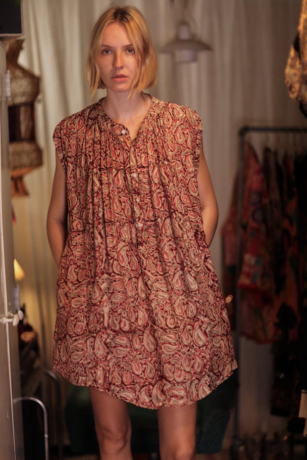 MARY SILK DRESS PAISLEY RED - sustainably made MOMO NEW YORK sustainable clothing, Boho Chic Dress slow fashion
