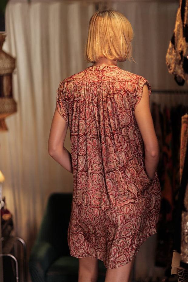 MARY SILK DRESS PAISLEY RED - sustainably made MOMO NEW YORK sustainable clothing, Boho Chic Dress slow fashion