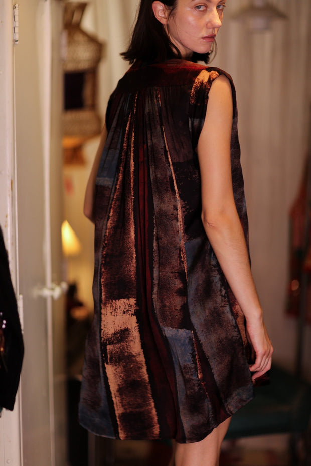 MARY SILK DRESS RED AND BLUE STRIPE - sustainably made MOMO NEW YORK sustainable clothing, Boho Chic Dress slow fashion