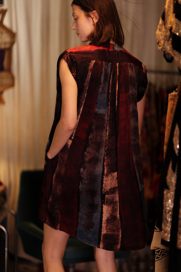 MARY SILK DRESS RED AND BLUE STRIPE - sustainably made MOMO NEW YORK sustainable clothing, Boho Chic Dress slow fashion