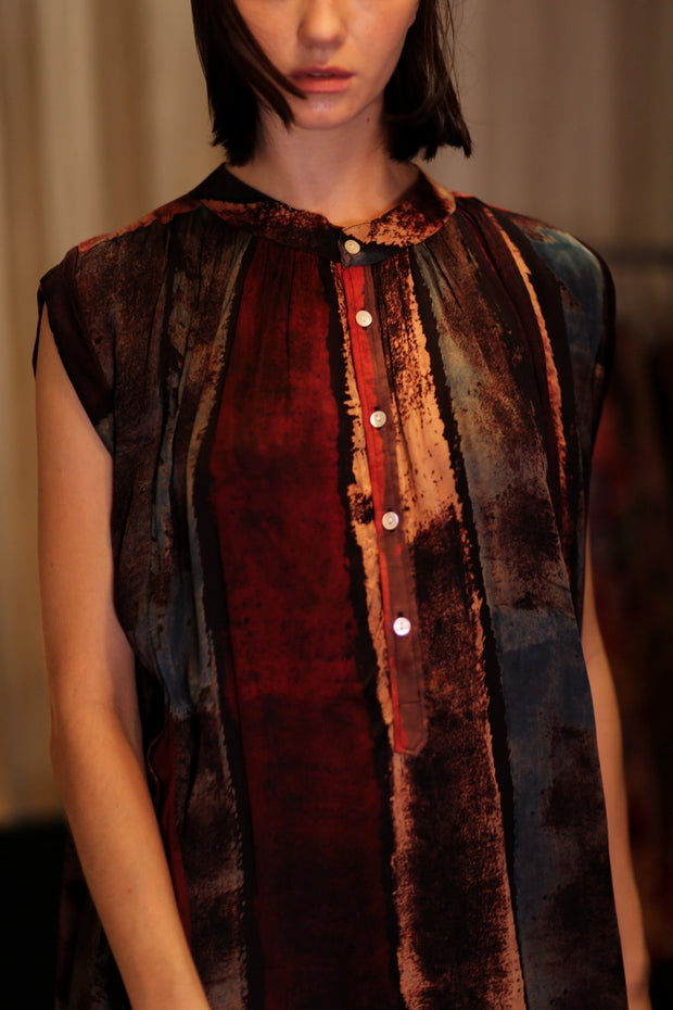 MARY SILK DRESS RED AND BLUE STRIPE - sustainably made MOMO NEW YORK sustainable clothing, Boho Chic Dress slow fashion