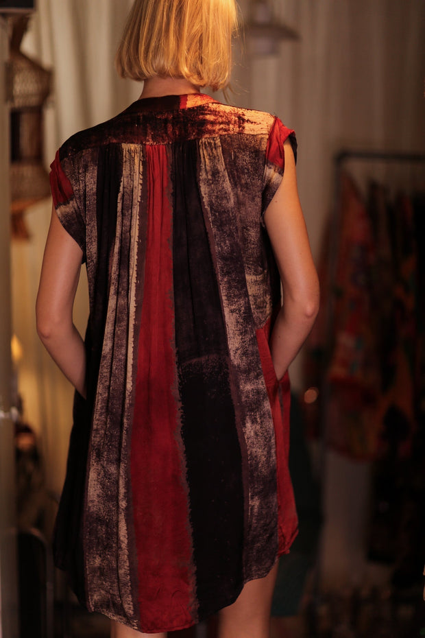 MARY SILK DRESS RED STRIPE - sustainably made MOMO NEW YORK sustainable clothing, Boho Chic Dress slow fashion