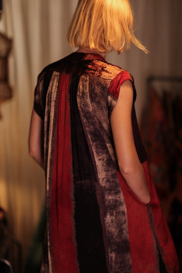 MARY SILK DRESS RED STRIPE - sustainably made MOMO NEW YORK sustainable clothing, Boho Chic Dress slow fashion