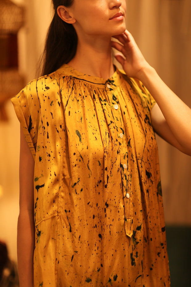 MARY SILK DRESS YELLOW POLLOCK - sustainably made MOMO NEW YORK sustainable clothing, Boho Chic Dress slow fashion