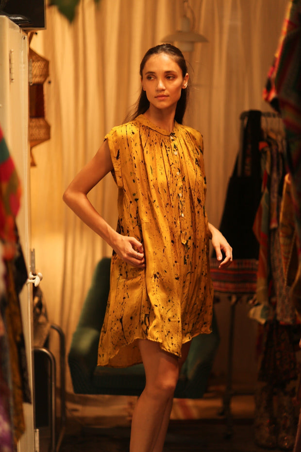 MARY SILK DRESS YELLOW POLLOCK - sustainably made MOMO NEW YORK sustainable clothing, Boho Chic Dress slow fashion