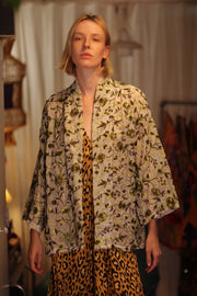 MINTY EMBROIDERED SHORT KIMONO GREEN BOUQUET - sustainably made MOMO NEW YORK sustainable clothing, embellished slow fashion