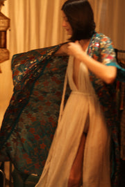 NIKITA TURQUOISE EMBROIDERED SILK KIMONO - sustainably made MOMO NEW YORK sustainable clothing, kimono slow fashion