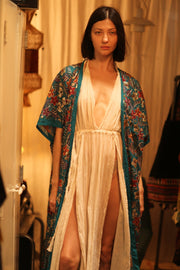 NIKITA TURQUOISE EMBROIDERED SILK KIMONO - sustainably made MOMO NEW YORK sustainable clothing, kimono slow fashion