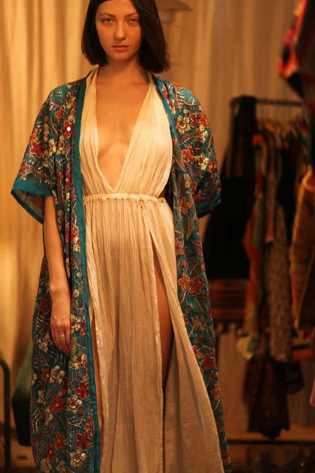 NIKITA TURQUOISE EMBROIDERED SILK KIMONO - sustainably made MOMO NEW YORK sustainable clothing, kimono slow fashion
