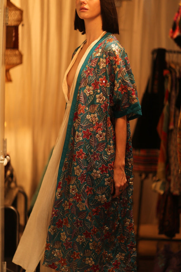 NIKITA TURQUOISE EMBROIDERED SILK KIMONO - sustainably made MOMO NEW YORK sustainable clothing, kimono slow fashion