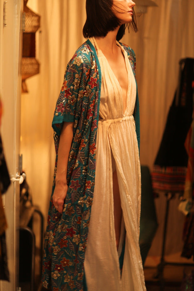 NIKITA TURQUOISE EMBROIDERED SILK KIMONO - sustainably made MOMO NEW YORK sustainable clothing, kimono slow fashion
