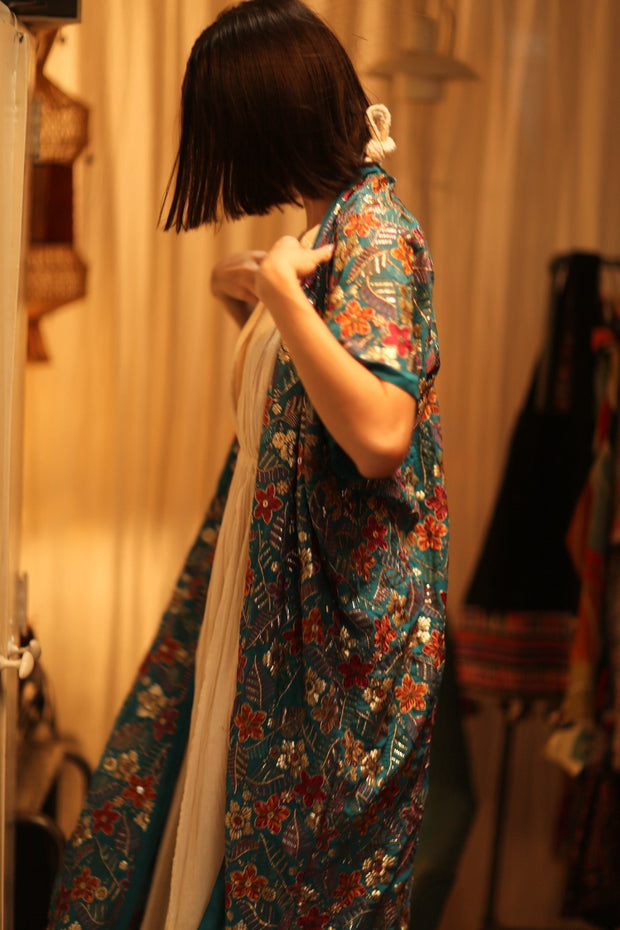 NIKITA TURQUOISE EMBROIDERED SILK KIMONO - sustainably made MOMO NEW YORK sustainable clothing, kimono slow fashion