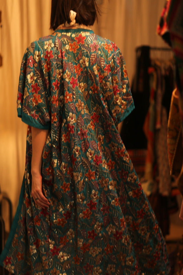 NIKITA TURQUOISE EMBROIDERED SILK KIMONO - sustainably made MOMO NEW YORK sustainable clothing, kimono slow fashion